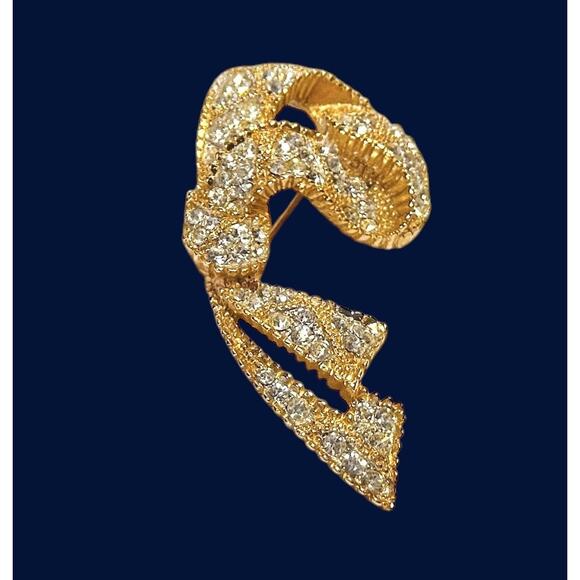 Vintage Kramer Ribbon Knot Half Bow Gold Toned With Rhinestones Pin Brooch - Picture 1 of 8